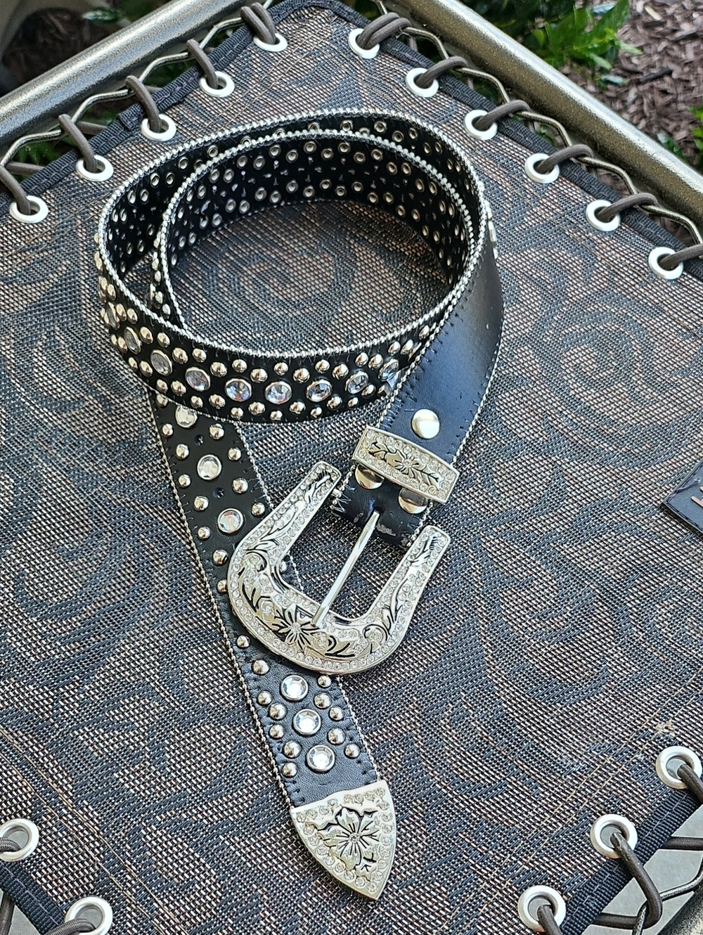 Studded Black Western-Style Women's Belt with Engraved Silver Buckle